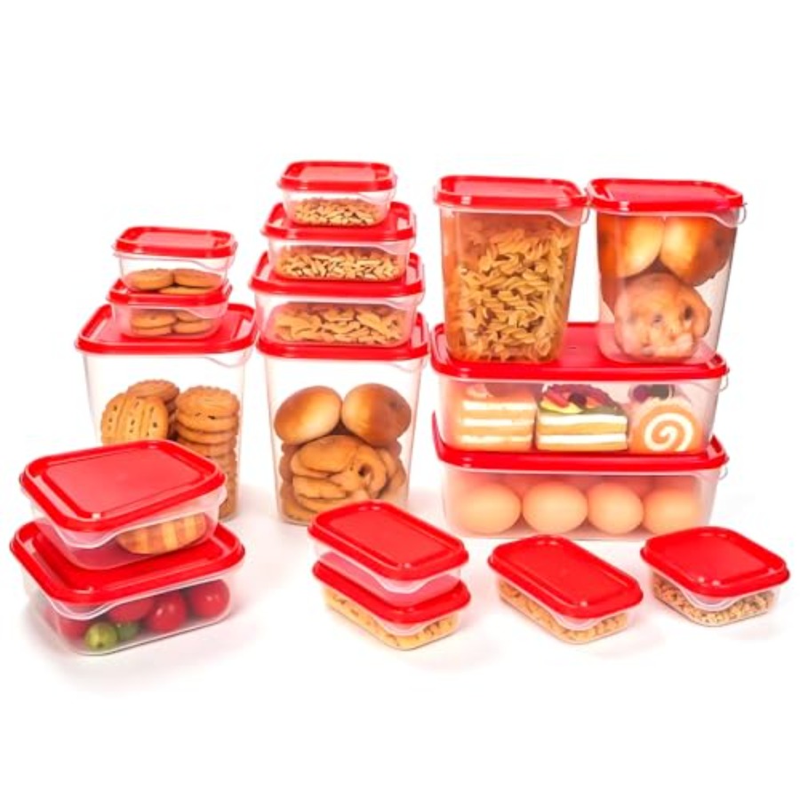 Meal Prep Containers - 17-teiliges Kunststoff-Lebensmittelaufbewahrungsset, Rote Belüftete Deckel BPA-frei,