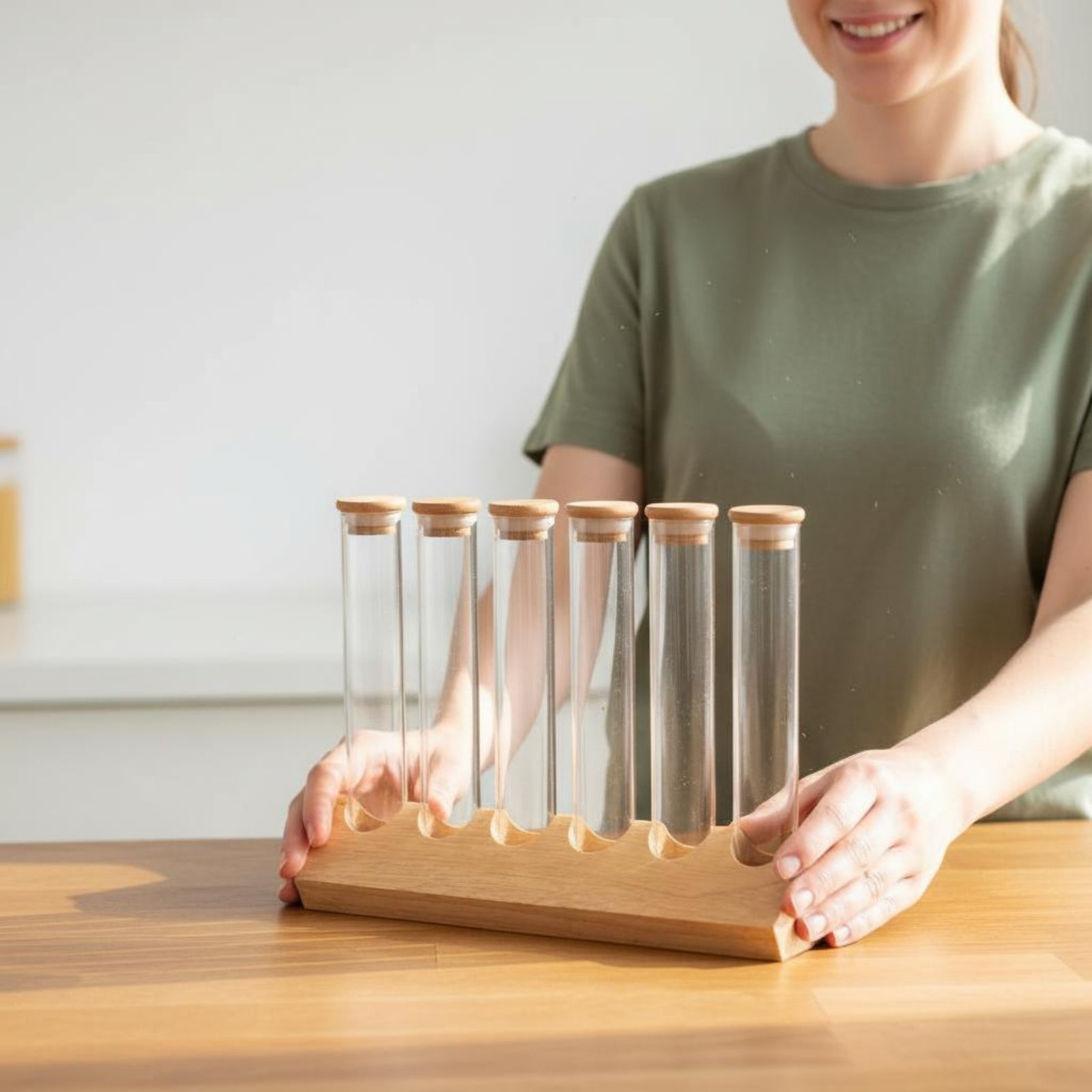 Glass Container Set - Glasröhrchen-Behälter-Set mit Holzständer Platzsparendes Glasröhrchen-Holzgestell-Set Kaffeebohnen-Präsentationsständer
