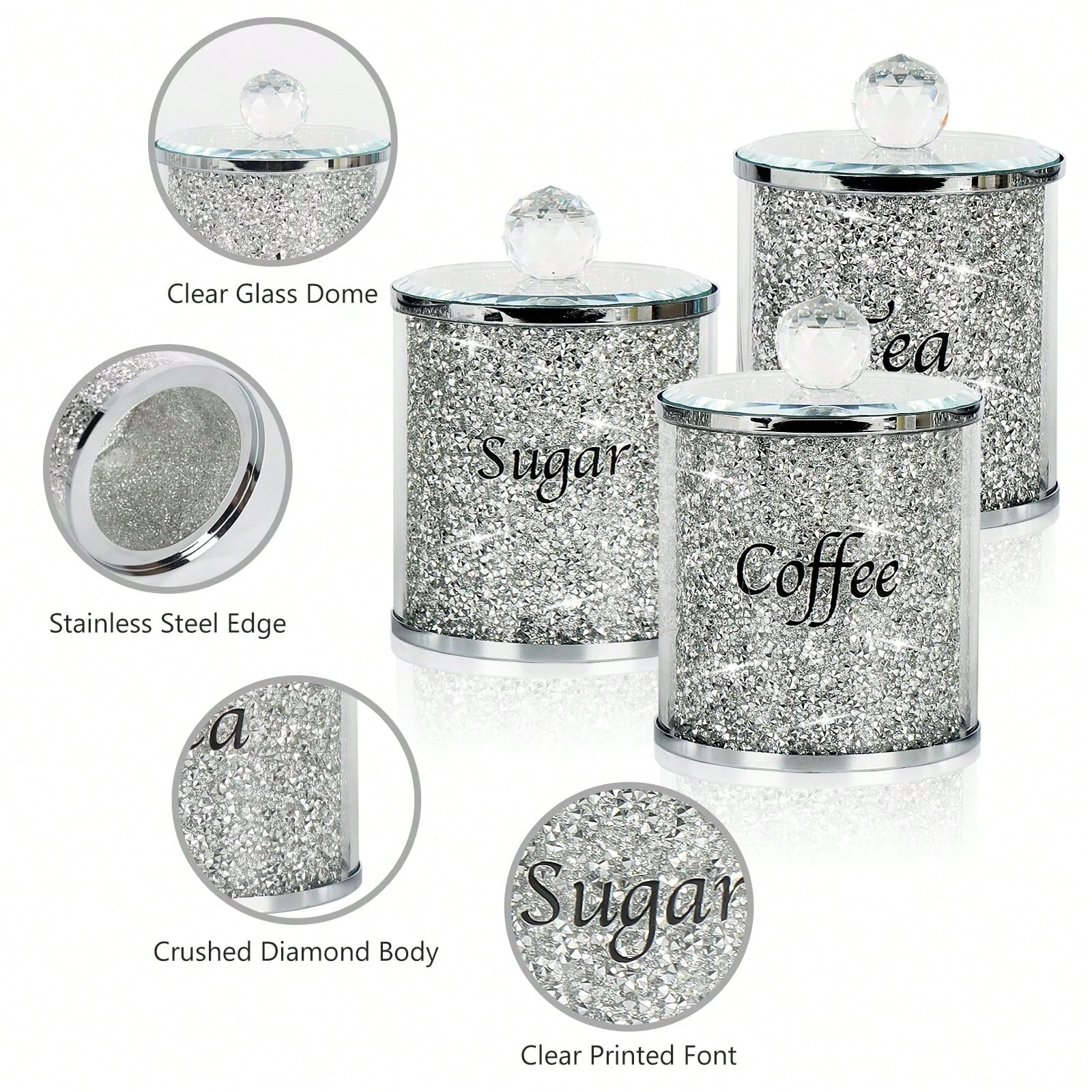 Glass Container Set - Kaffee-Zucker-Tee-Dosen-Set, glitzerndes, diamantgeschliffenes Küchen-Aufbewahrungsset, 4-teiliges Set